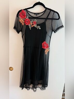 Black Mesh Dress with Red Floral Appliqués